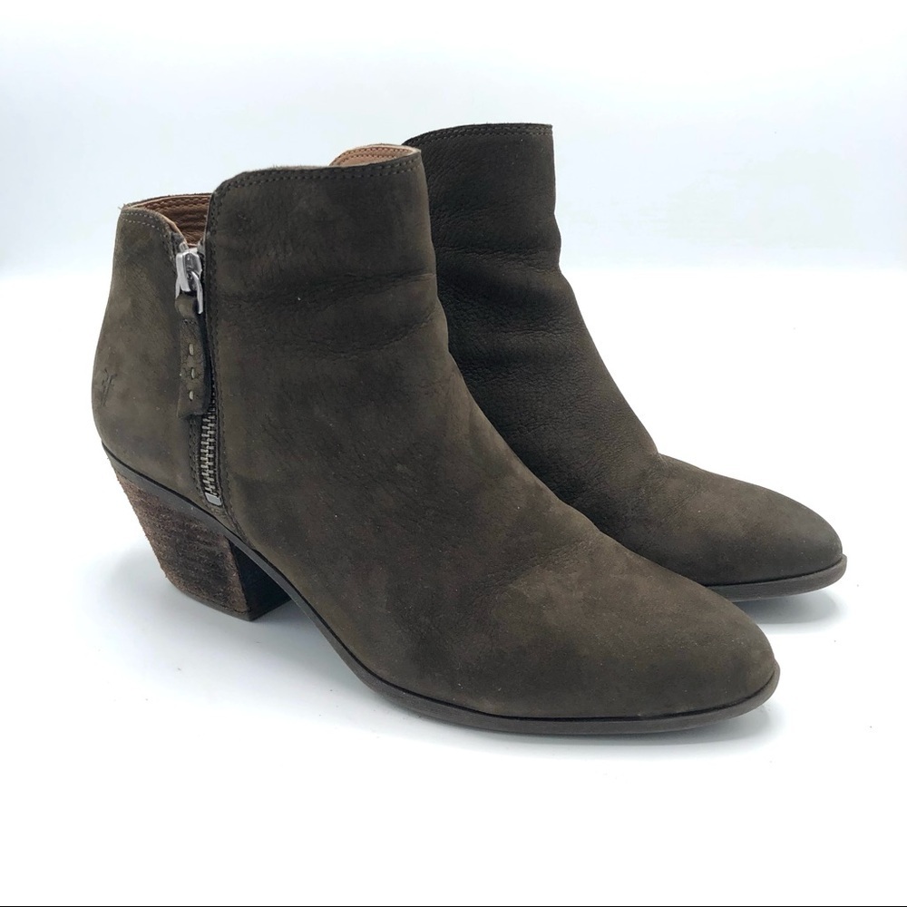 FRYE Judy Ankle Boot Side Zip Suede Leather Bootie Olive Green Brown Heeled Boot